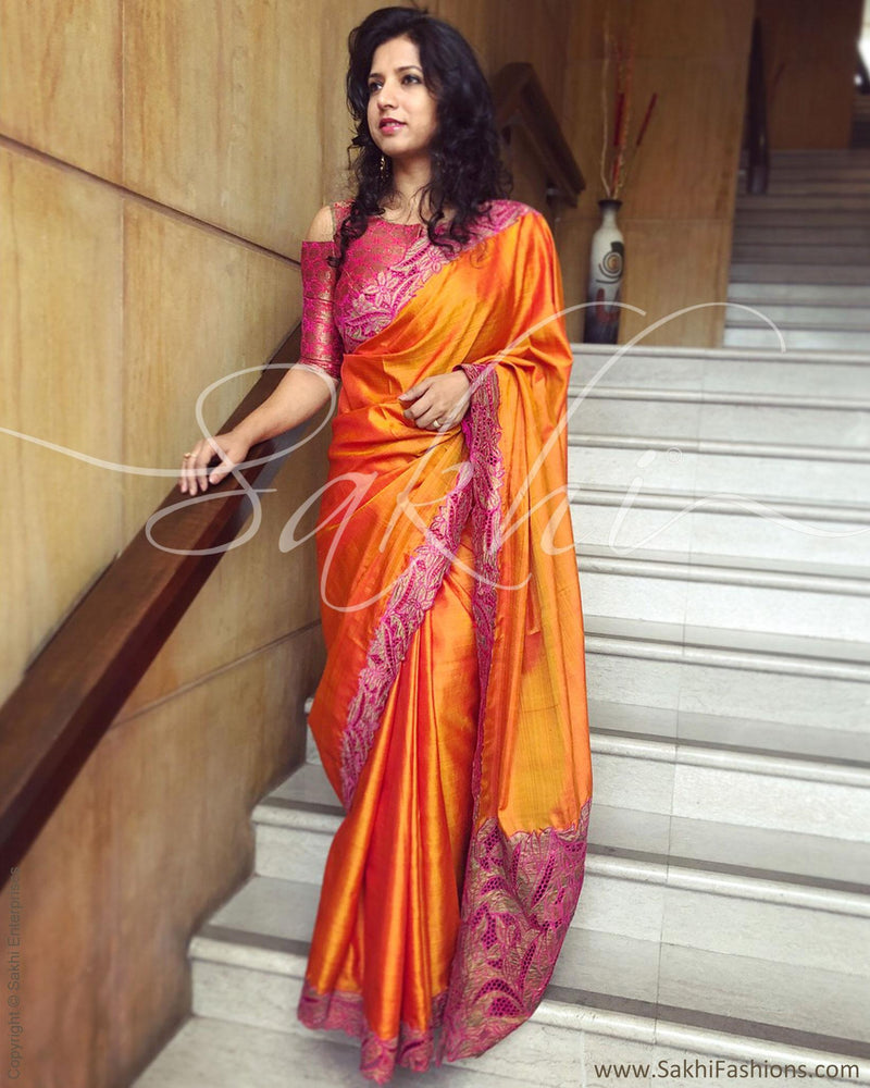 Buy Orange Zari Weaving Silk Saree With Blouse Online At Zeel Clothing